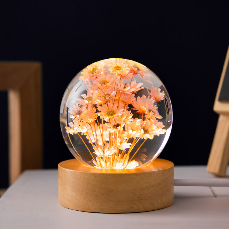 Flower Crystal Ball Wooden Base Night Light